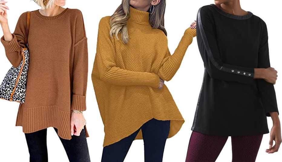 VTSGN Women’s Crewneck Sweater Tunic with Side Slits in Caramel; Anrabess Women’s Turtleneck Batwing Sleeve Asymmetric Hem Top in Camel; Chico’s Ponte Faux Leather Inset Tunic in Black VTSGN Women’s Crewneck Sweater Tunic with Side Slits in Caramel; Anrabess Women’s Turtleneck Batwing Sleeve Asymmetric Hem Top in Camel; Chico’s Ponte Faux Leather Inset Tunic in Black
