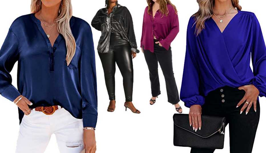 Beyove Women’s Silk Satin Button-Down in Navy Blue; Pilcro Plus Relaxed Velvet Buttondown in Grey; Gap Satin Shirt in Huckleberry Purple; JayGate Women’s V-Neck Puff Sleeve Wrap Blouse in Blue Beyove Women’s Silk Satin Button-Down in Navy Blue; Pilcro Plus Relaxed Velvet Buttondown in Grey; Gap Satin Shirt in Huckleberry Purple; JayGate Women’s V-Neck Puff Sleeve Wrap Blouse in Blue
