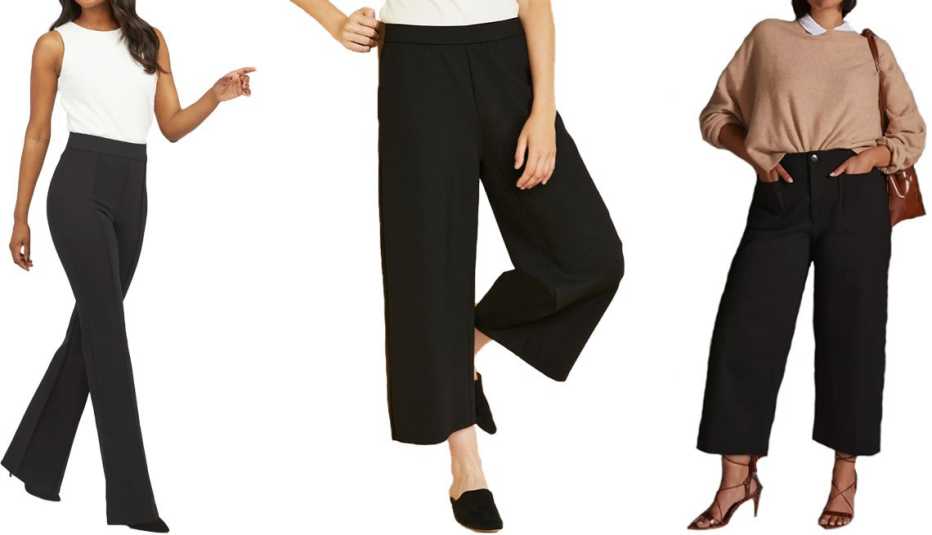 Spanx The Perfect Pant Hi-Rise Flare in Classic Black; Eileen Fisher Tencel Ponte Cropped Wide-Leg Pants in Black; Maeve The Colette Ponte Pants in Plus in Black Spanx The Perfect Pant Hi-Rise Flare in Classic Black; Eileen Fisher Tencel Ponte Cropped Wide-Leg Pants in Black; Maeve The Colette Ponte Pants in Plus in Black