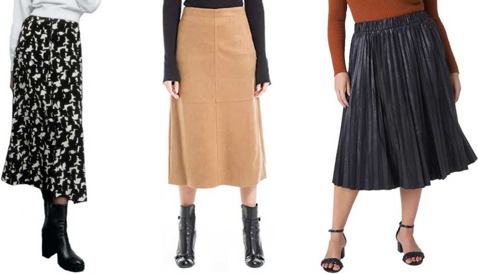 Zara Printed Midi Skirt in Black; Max Studio Women’s Faux Suede A-Line Midi Skirt in Vicuna; Lane Bryant Faux-Leather Pleated Midi in Black Zara Printed Midi Skirt in Black; Max Studio Women’s Faux Suede A-Line Midi Skirt in Vicuna; Lane Bryant Faux-Leather Pleated Midi in Black