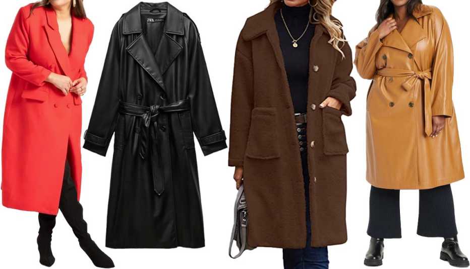 Eloquii Strong Shoulder Coat with Cinched Waist in Racing Red; Zara Belted Faux Leather Trench in Black; Angashion Women’s Fuzzy Fleece Lapel Long Button-Front Coat in 2226 Brown; Ava & Viv Women’s Plus-Size Faux Leather Belted Trench Coat in Tan Eloquii Strong Shoulder Coat with Cinched Waist in Racing Red; Zara Belted Faux Leather Trench in Black; Angashion Women’s Fuzzy Fleece Lapel Long Button-Front Coat in 2226 Brown; Ava & Viv Women’s Plus-Size Faux Leather Belted Trench Coat in Tan