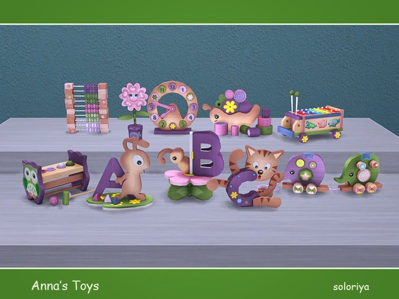 sims 4 cc deco baby toys, purple and green