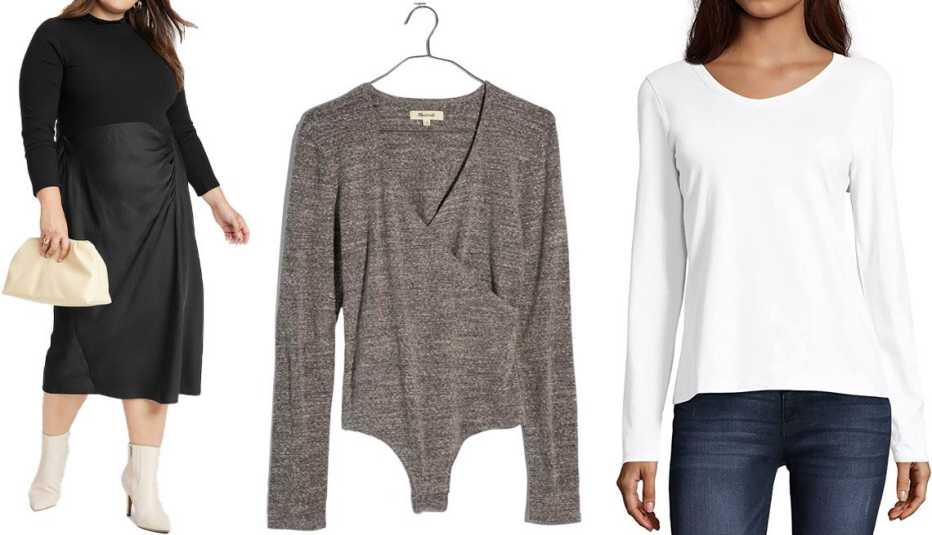 A New Day Women’s Plus Turtleneck Bodysuit in Black; Madewell Wrap Bodysuit in Hthr Smoke; Hanes Women’s Perfect-T Long Sleeve V-Neck T-Shirt in White A New Day Women’s Plus Turtleneck Bodysuit in Black; Madewell Wrap Bodysuit in Hthr Smoke; Hanes Women’s Perfect-T Long Sleeve V-Neck T-Shirt in White