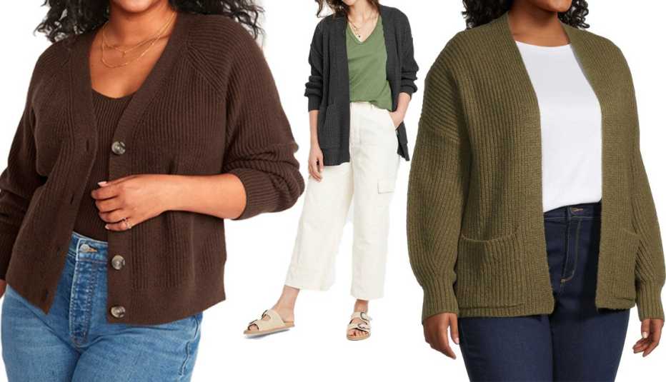 Old Navy Shaker-Stitch Cardigan Sweater for Women in Dark Brown Heather; Universal Thread Women’s Open-Front Cardigan in Charcoal Gray; a.n.a Plus Women’s Long Sleeve Open Front Cardigan in Avocado Old Navy Shaker-Stitch Cardigan Sweater for Women in Dark Brown Heather; Universal Thread Women’s Open-Front Cardigan in Charcoal Gray; a.n.a Plus Women’s Long Sleeve Open Front Cardigan in Avocado